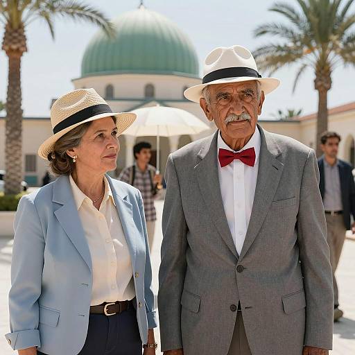 Elderly Couple in Courtyard with Dome and Palm Trees