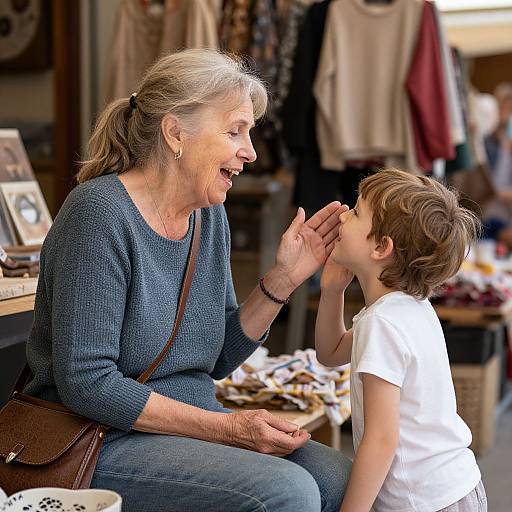 Photograph of an older woman with gray hair in a blue sweater, laughing, as a young boy in a white shirt kisses her hand in a cozy