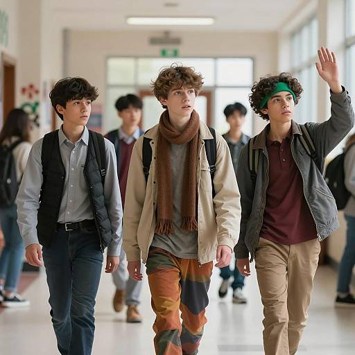 Teenage Boys in School Hallway Scene