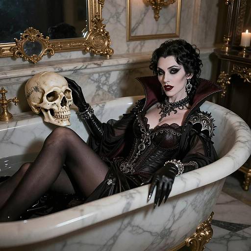 Gothic woman with black curly hair, dark lipstick, and black lace dress reclines in marble bathtub, holding a skull. Ornate gold decor