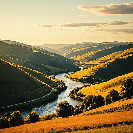 Serene Impressionist Hills and River Valley
