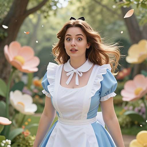 Photorealistic digital art of a young woman with long brown hair, wearing a blue Alice in Wonderland-style dress with white apron and bow, standing