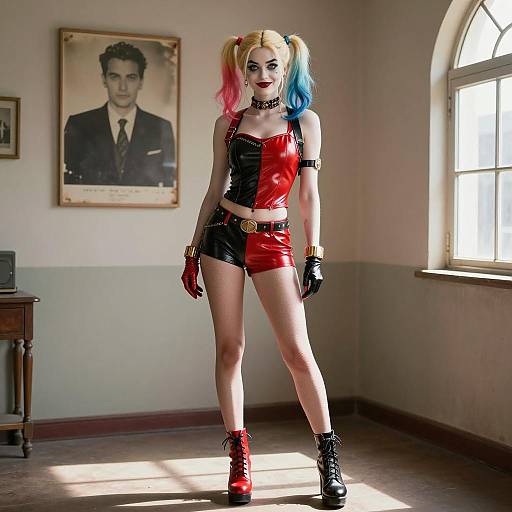 Harley Quinn in Red and Black Latex Outfit