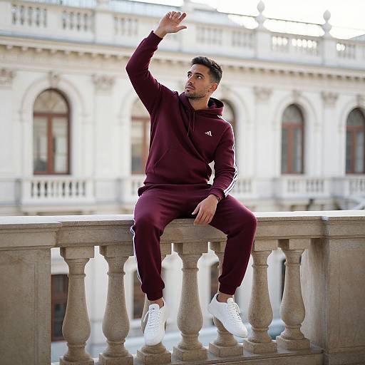 Photograph of a handsome man with short dark hair, in maroon Adidas tracksuit and white sneakers, sitting on a stone balustrade, waving