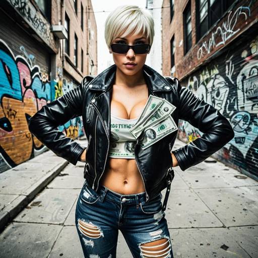 Confident Woman with Dollar Bills in Urban Graffiti Alley