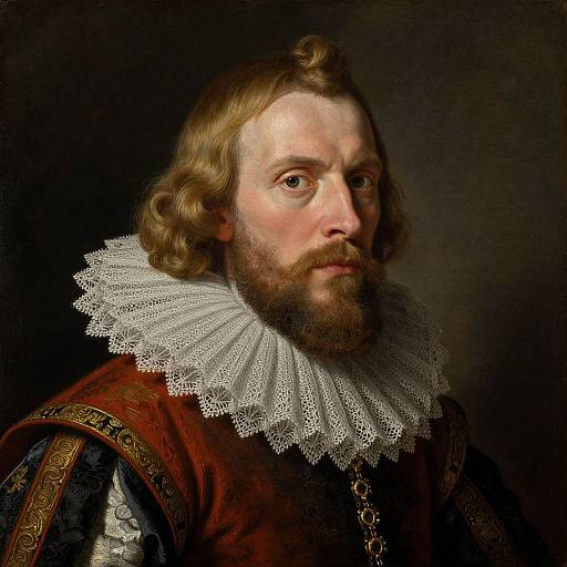 Renaissance portrait of a bearded man with wavy brown hair, wearing an ornate white lace ruff and red velvet garment, dark background