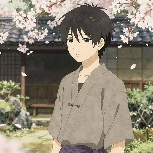 Anime-style drawing of a young man with black hair wearing a grey kimono, standing under cherry blossom trees in a traditional Japanese garden.