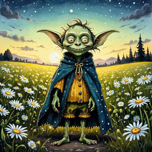 Mischievous Goblin in Daisy Field at Twilight