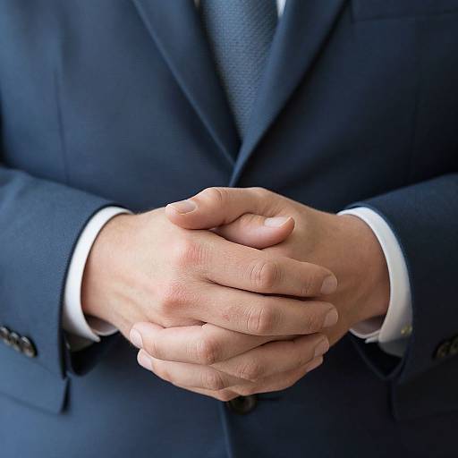Photograph of a man's hands clasped together in front, wearing a navy blue suit with white cuffs and a dark tie.