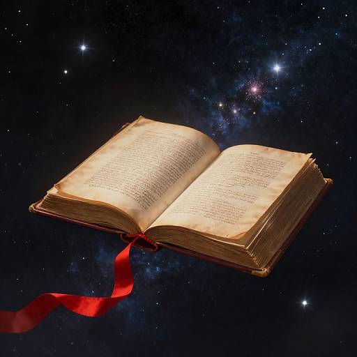 Open book with glowing pages and red ribbon floating in a starry, cosmic background, blending earthy textures with celestial elements.