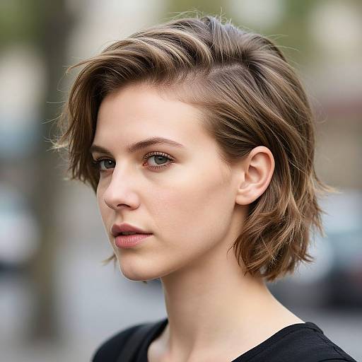 Photograph of a young Caucasian woman with short, layered brown hair, light skin, and green eyes, wearing a black top, against a blurred urban
