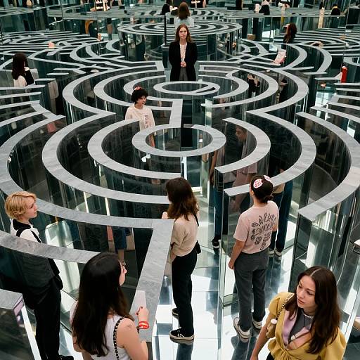 Photograph of diverse group navigating a black and white spiral maze in a modern, glass-walled room with reflective surfaces.