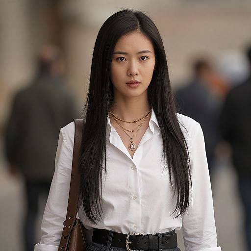 Photograph of an Asian woman with long black hair, wearing a white button-up shirt, black high-waisted skirt, and layered necklaces,