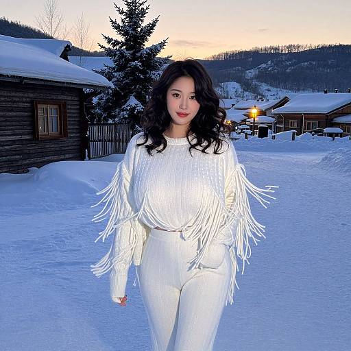Photograph of an Asian woman with long black hair, wearing a white fringed top and pants, standing in a snowy village at sunset.