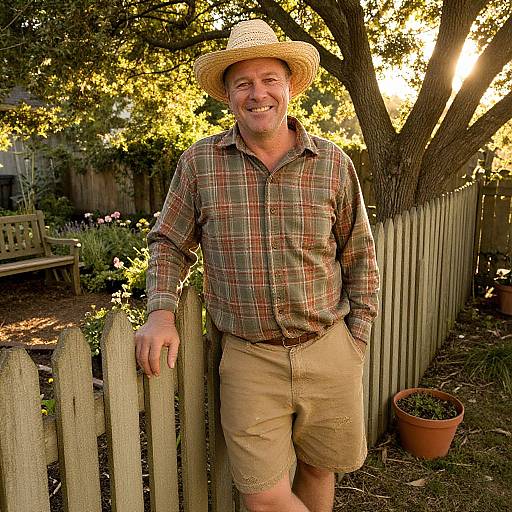Photograph of a smiling middle-aged man in a straw hat, plaid shirt, and khaki shorts, leaning on a wooden fence in a sun