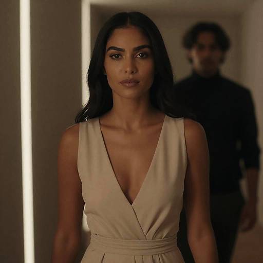 Woman in Beige Dress Standing in Dim Corridor