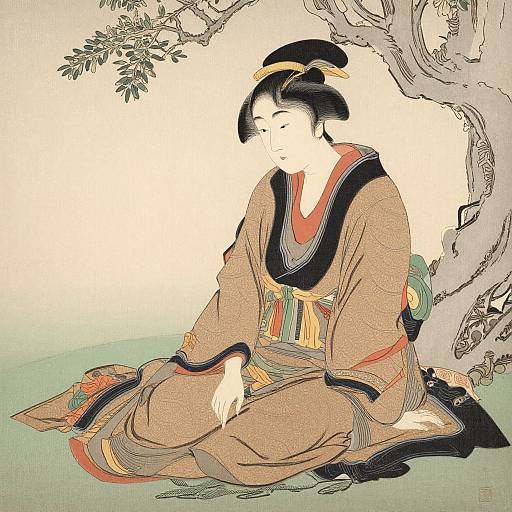 Traditional Japanese woodblock print of a serene woman in a brown kimono with black and red trim, seated under a tree, eyes closed.