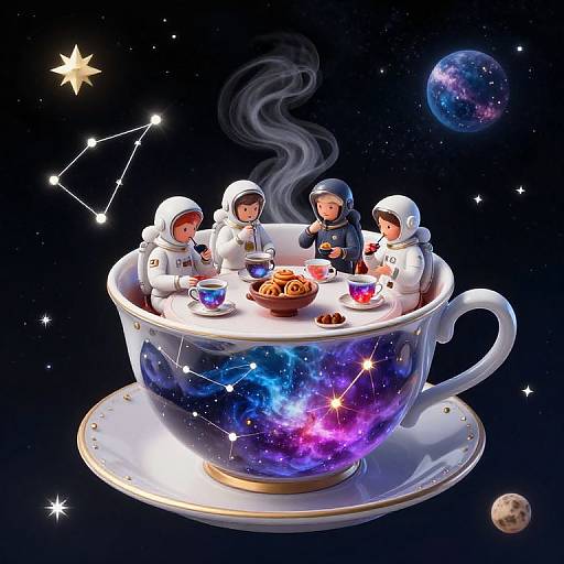 Digital illustration of four astronauts in white spacesuits sitting inside a cosmic teacup, enjoying tea and cookies in space.