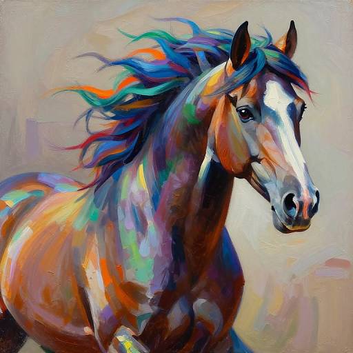 Vibrant digital painting of a galloping horse with a colorful, rainbow-maned mane and a white blaze on its face, set against a