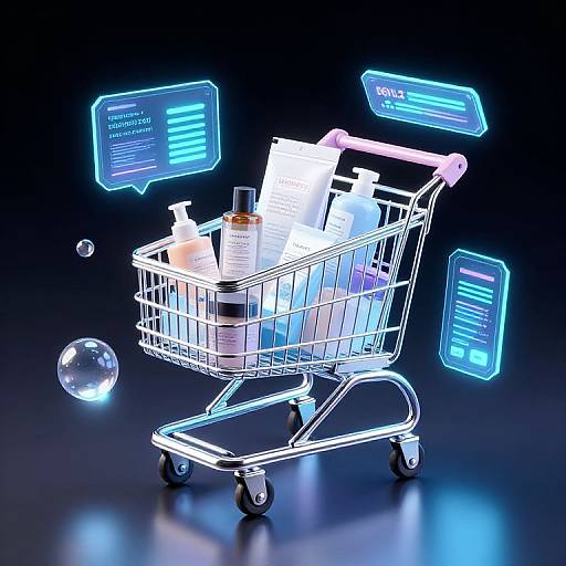 Digital CGI of a neon-lit shopping cart with various cleaning products, floating holographic screens, and a glowing sphere against a dark background.