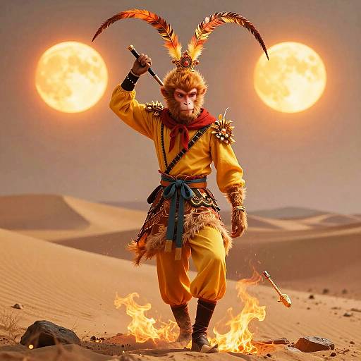 Digital artwork of a fierce warrior in yellow robes, feathered headdress, and red scarf, standing in fiery desert with two glowing suns, wielding