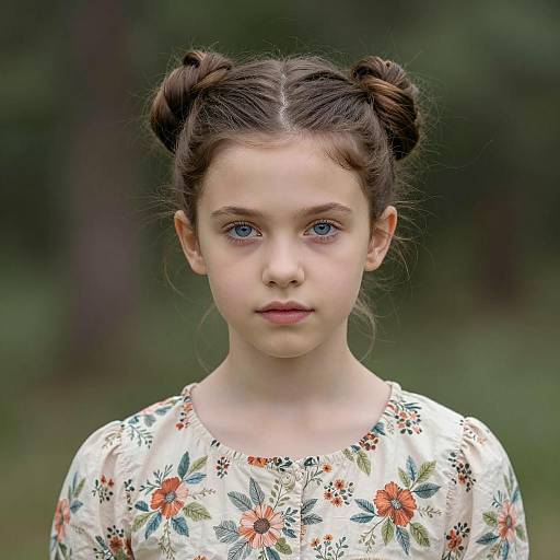 Young Girl with Double Bun Hairstyle in Floral Dress