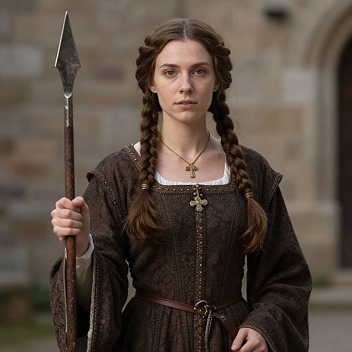 Medieval woman with braided brown hair, wearing a dark brown dress and gold necklace, holding a spear, standing before a stone building. Photograph.