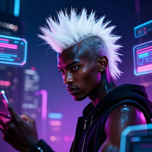 Neon-lit cyberpunk photo of a dark-skinned man with white, spiked mohawk, black sleeveless hoodie, and glowing neon background,