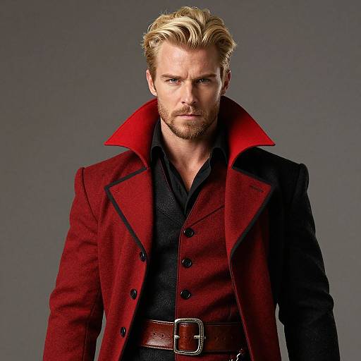 Photograph of a handsome, blond, bearded man with intense gaze, wearing a bold red double-breasted coat with black lapels over a black