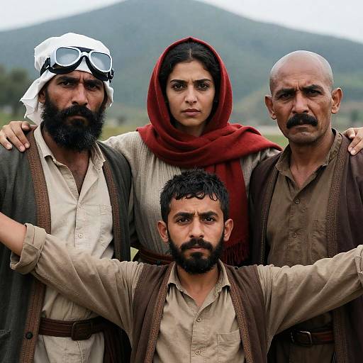 Group of Four with Intense Expressions Outdoors