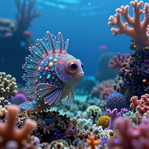 Vibrant digital illustration of a colorful, iridescent fish with glowing spots, swimming among a diverse, vibrant coral reef in a deep blue underwater