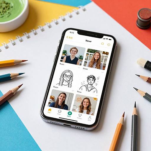 Photograph of a smartphone displaying a social media app with user profiles, surrounded by colored paper, pencils, and a green smoothie.