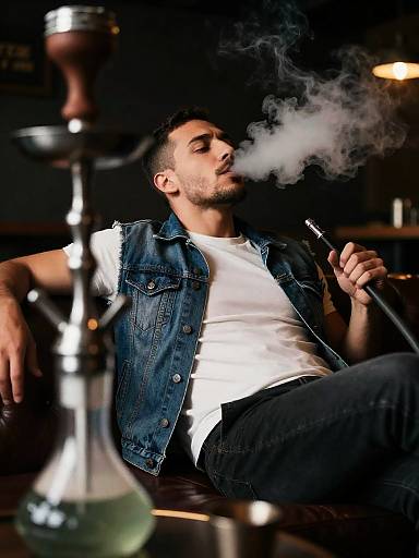 Cinematic Man Smoking Hookah on Sofa