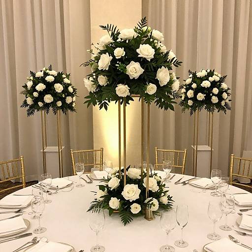 Elegant round table centerpiece with tall gold stands, white roses, and greenery, surrounded by white tableware and gold chairs.