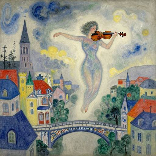 Surrealist painting of a floating woman playing violin above colorful, whimsical European village with blue-roofed houses, bridge, and church stee