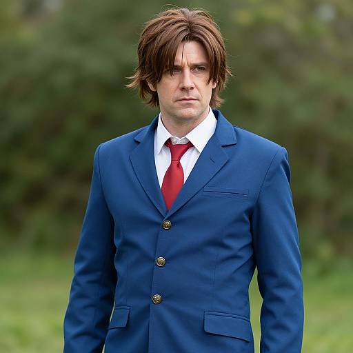Photograph of a serious-looking man with shoulder-length brown hair, wearing a blue suit, white shirt, and red tie, standing outdoors against a green