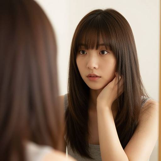 Photograph of a young Asian woman with straight, dark brown hair and bangs, gazing into a mirror with a thoughtful expression. She rests her