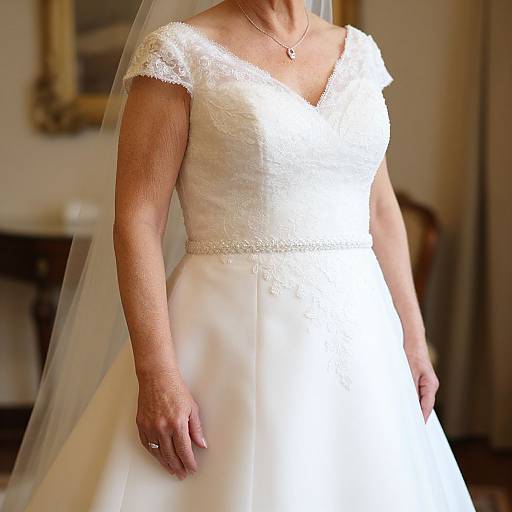 Photograph of a mature bride in a white lace wedding dress with short sleeves, veil, and pearl necklace, standing in a softly lit room.