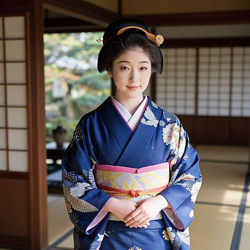 Photograph of a young Japanese woman in a blue floral kimono with a pink and yellow obi, standing in a traditional wooden room with shoji