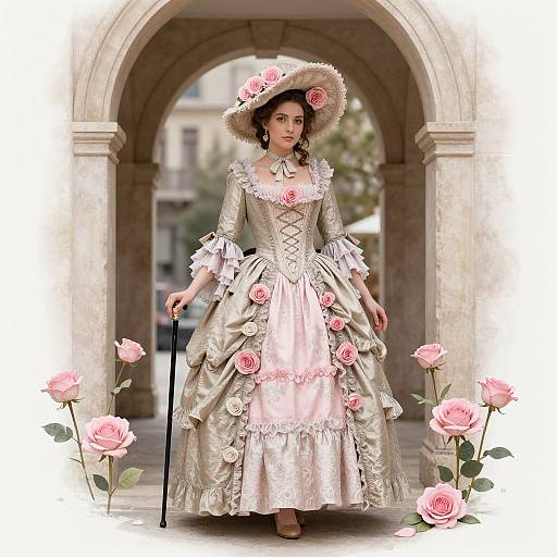 Photograph of a Victorian-era woman in an ornate, cream and pink dress with roses, holding a black cane, under an archway with pink