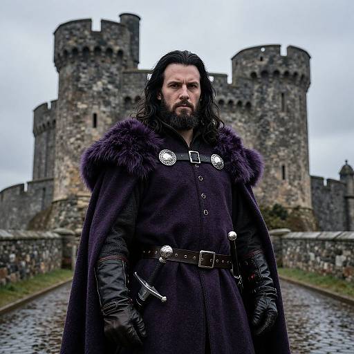 Photograph of a bearded man with long dark hair, wearing a dark purple fur-trimmed cloak with silver buttons, standing in front of a