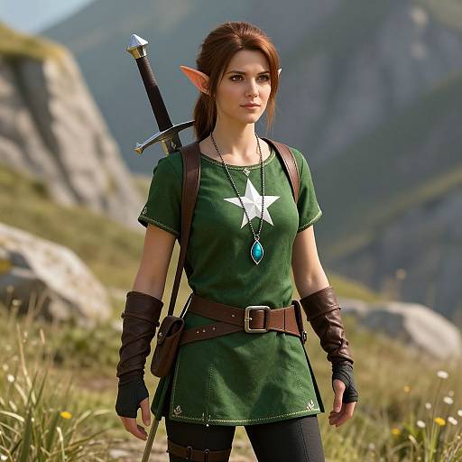 Digital art of a strong, brunette elf woman with pointed ears, wearing a green tunic, star necklace, and sword on her back, standing in