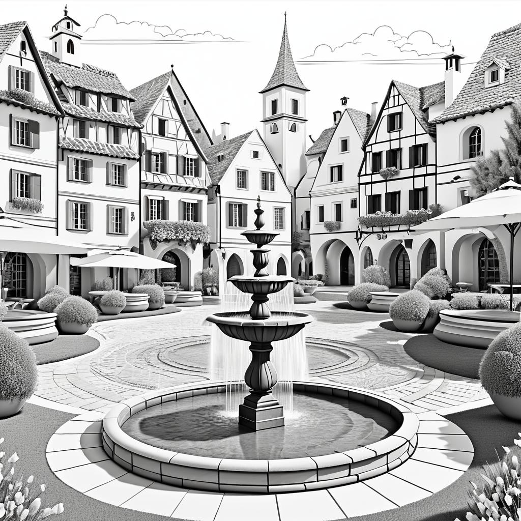 Charming Village Square Coloring Page