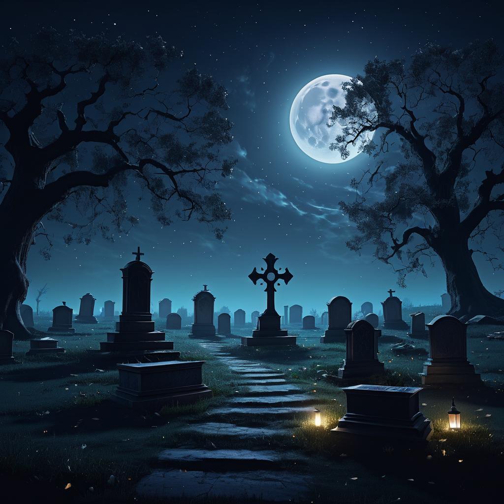 Moonlit Graveyard with Oak Tree