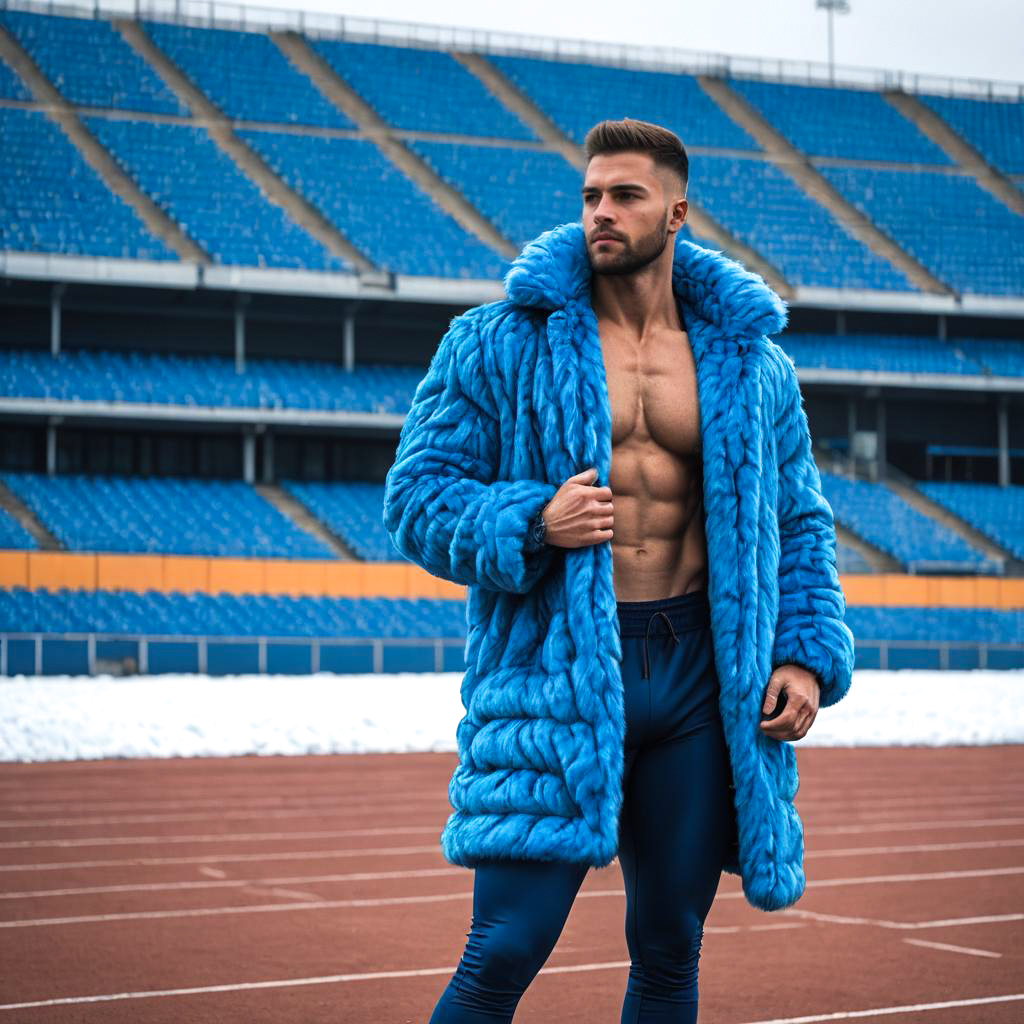 Athlete in Bright Blue Faux Fur Coat