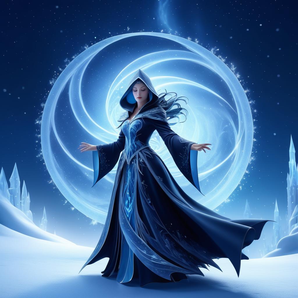 Dynamic Ice Sorceress in Moonlit Landscape