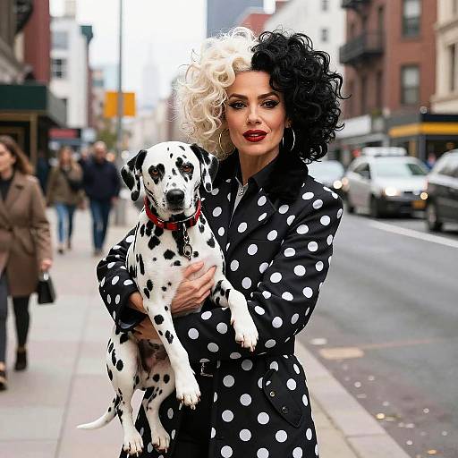 Cruella Vil with Dalmatian on Street