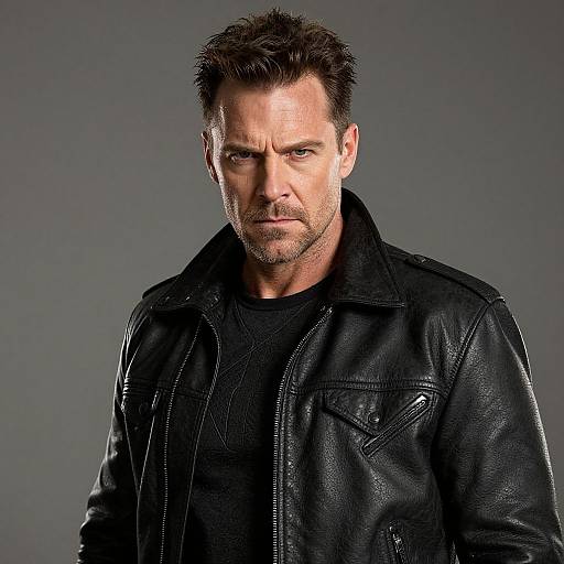 Photograph of a serious-looking, middle-aged white man with short dark hair, stubble, wearing a black leather jacket over a black shirt, against