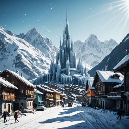 Snowy Alpine Village with Massive Frozen Structure