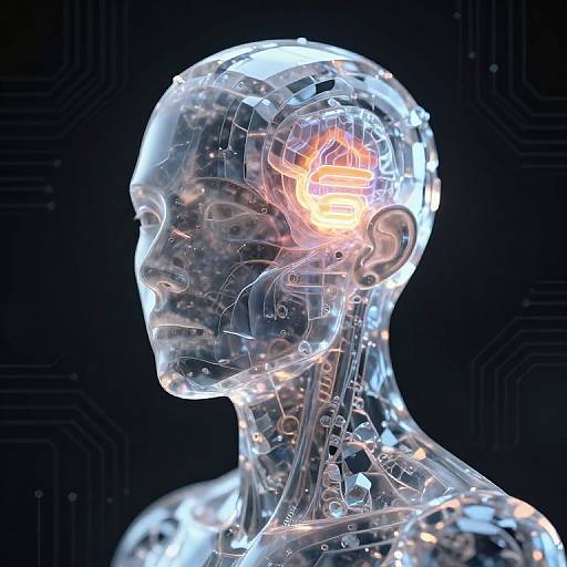 Digital CGI of a transparent human head with glowing orange brain center, showing intricate internal structures against a black background.